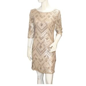 City Triangles Gold Sequin Midi Dress VTG Y2K Cocktail Dress Short Sleeve Jrs L